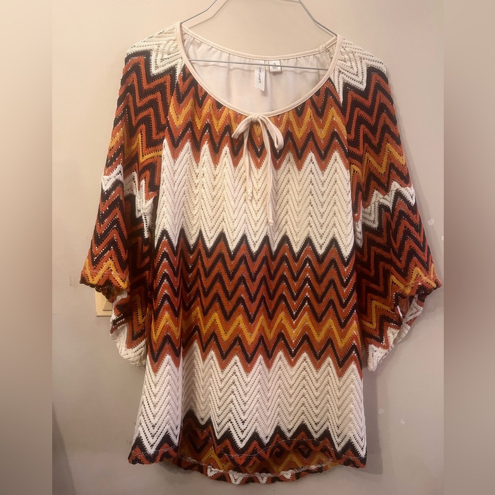 Tacera Chevron Knit Tunic - White, Rust & Mustard